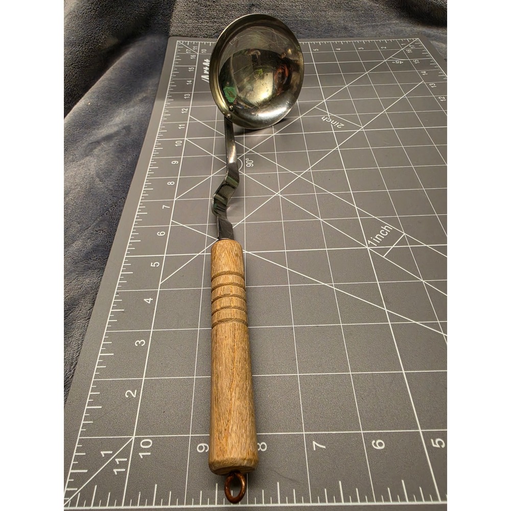 Vintage Stainless Steel Japan Soup Ladle Wood Handle Offset Serving Spoon 11in